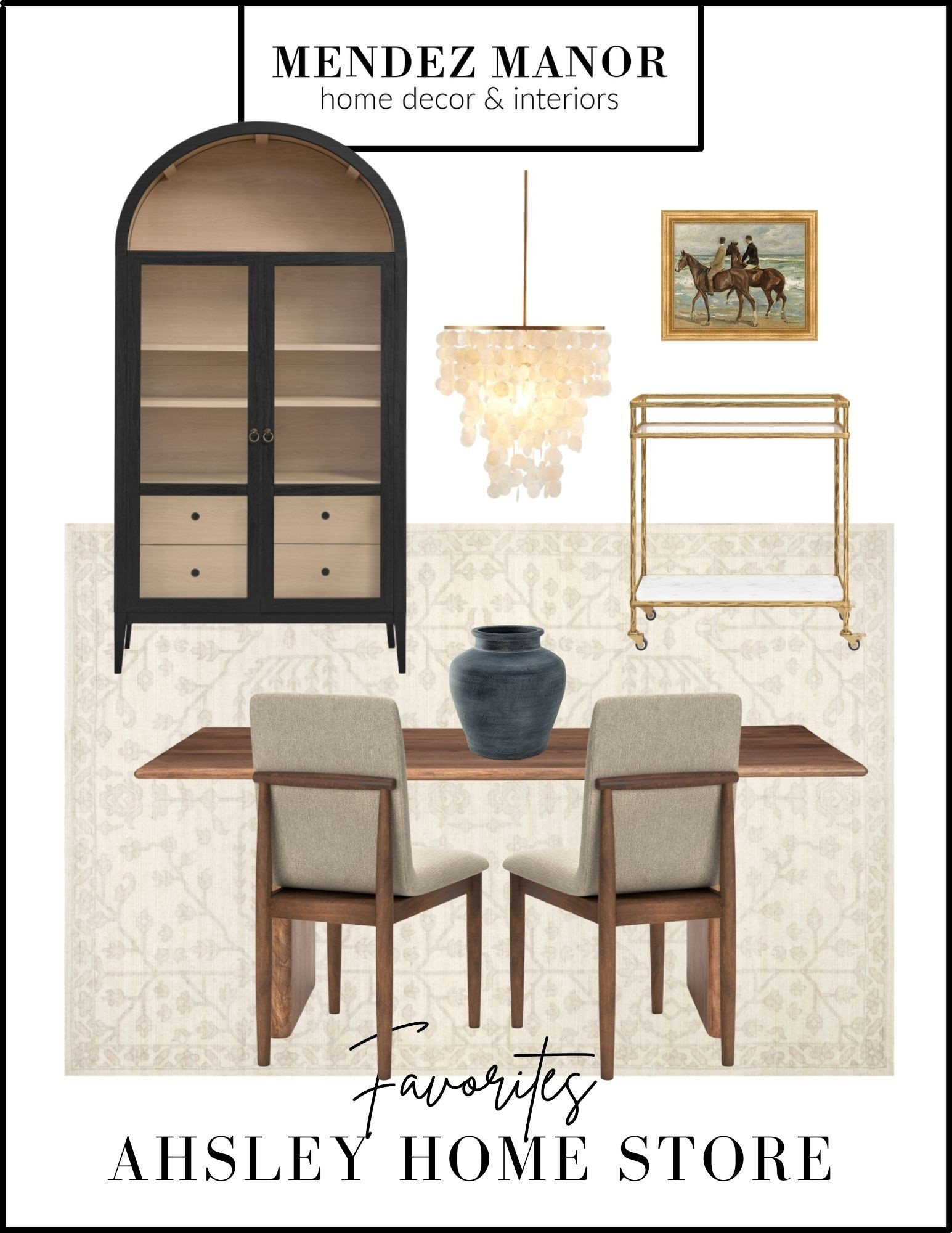 Dining room furniture and home decor from Ashley Home Store. 

-Arched curio cabinet with glass doors. 
-Wood dining table
-Comfortable dining chairs
-Brass bar cart
-Equestrian art print with gold frame
-Dining room chandelier light

#LTKHome #LTKmomlife