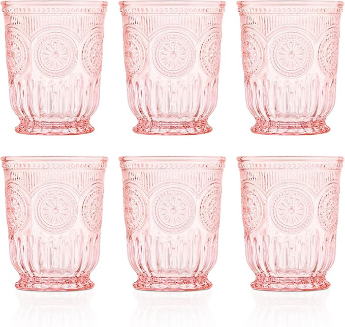 Pink Glass Cups set of 6 pink water glasses for lovers of vintage pink glassware with matching wi... | Amazon (US)