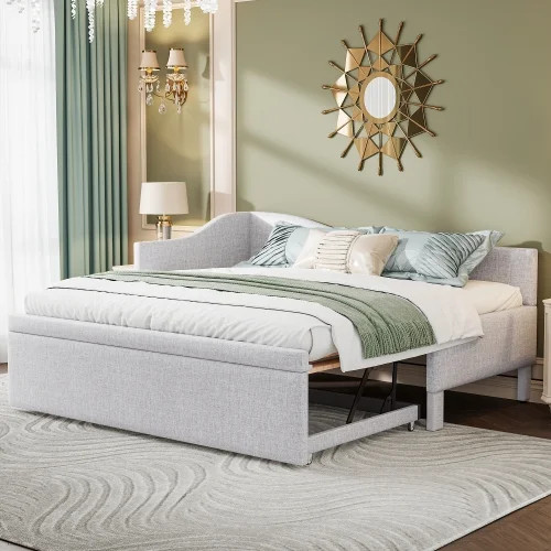 Twin Size L-Shaped Daybed with Pop Up Trundle, Beige Upholstered Sofa Bed, Convertible Twin to Ki... | Walmart (US)