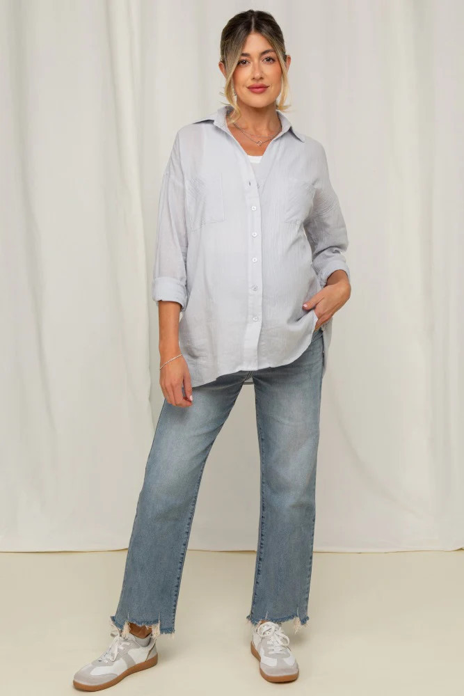 Light Blue Fringe Hem Maternity Wide Leg Jeans | PinkBlush Maternity