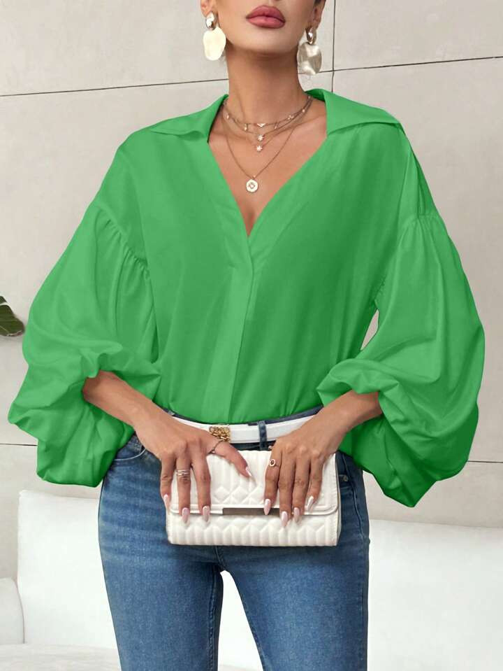 SHEIN Privé Solid Lantern Sleeve Button Front White Shirt | SHEIN