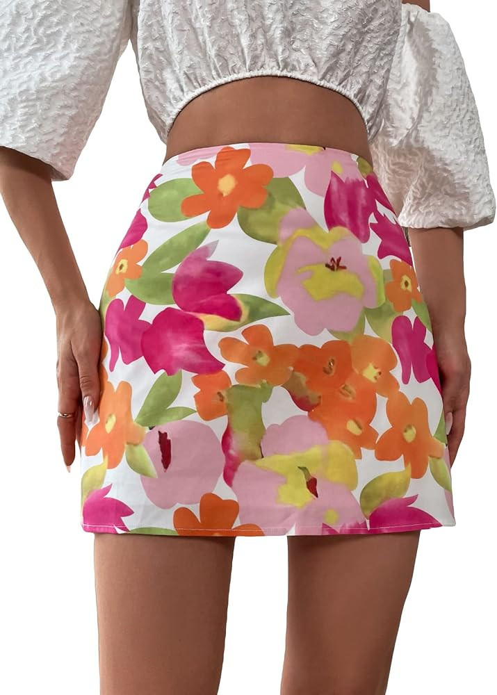 SOLY HUX Women's Floral Allover Print High Waisted Summer Casual Bodycon Mini Skirt | Amazon (US)