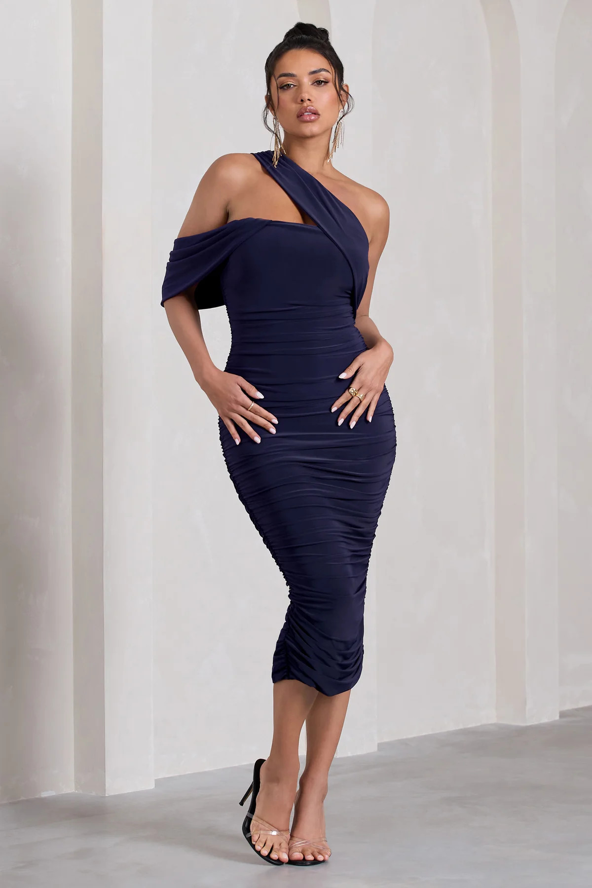 Cici | Navy Asymmetric One Shoulder Ruched Midi Dress | Club L London