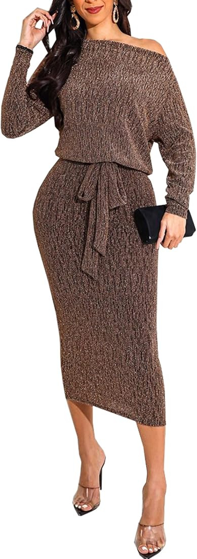 HugeNice Women's Glitter Sequin Dress Long Sleeve Cocktail Party Sparkly Midi Dresses Clubwear | Amazon (US)