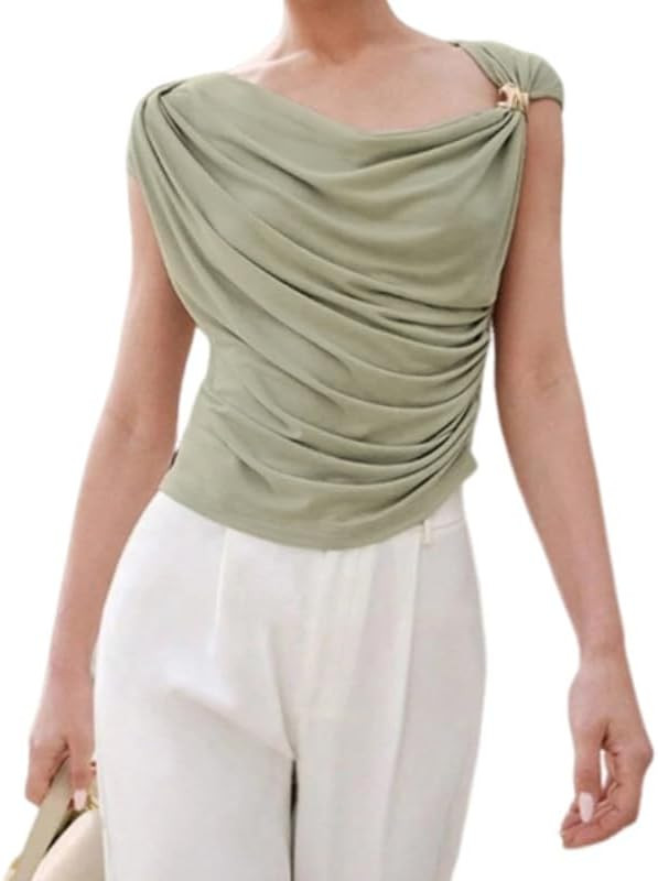 Women's Summer Slanted Collar Pleated Front Tank Tops Casual Sleeveless Work Top Blouse Going Out... | Amazon (US)