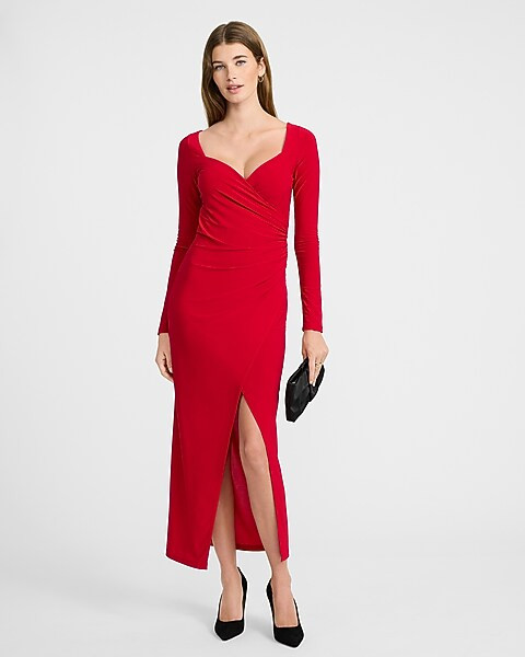 Jersey Sweetheart Long Sleeve Ruched Wrap Midi Dress | Express