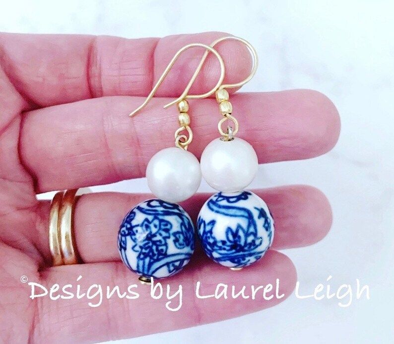 Chinoiserie Blue and White Floral & Pearl Drop Earrings | orchid, flower, lightweight, June, birt... | Etsy (US)