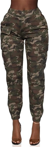 Double Denim Women's High Waist Jogger Pants - Casual Cargo Elastic Waistband Sweatpants Tapered ... | Amazon (US)
