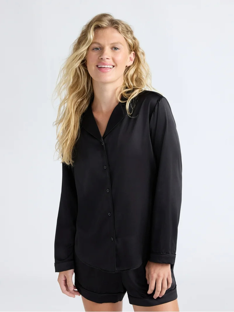 Joyspun Women’s Stretch Satin Notch Long Sleeve Top and Shorts Pajama Set, 2-Piece, Sizes XS-3X... | Walmart (US)