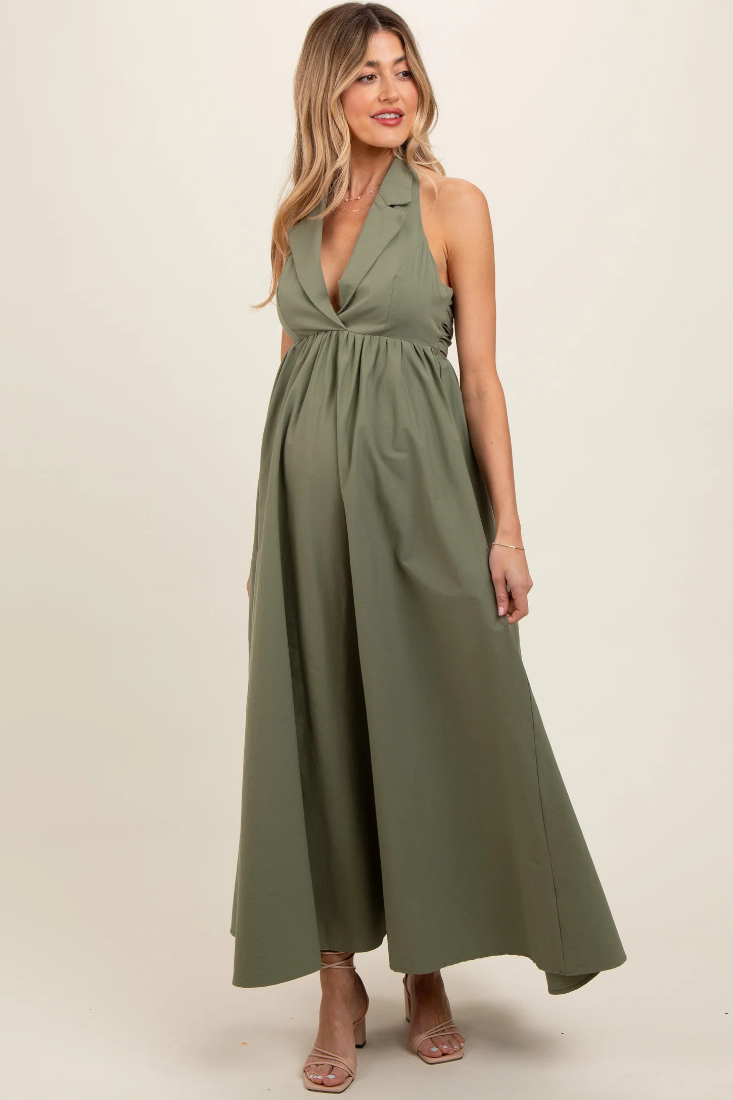 Light Olive Collared Halter Back Tie Maternity Maxi Dress | PinkBlush Maternity