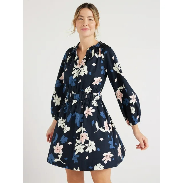 Free Assembly Women's Gathered Waist Mini Dress with Long Sleeves, Sizes XS-XXXL | Walmart (US)