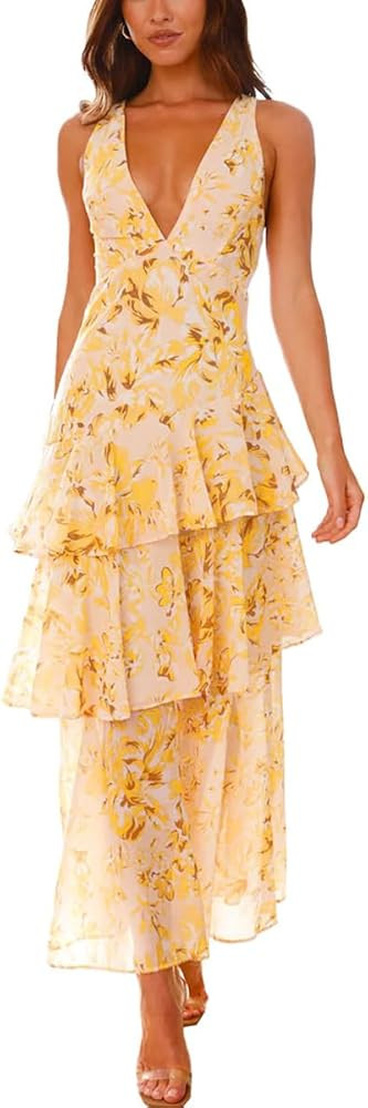 Women's Floral Maxi Dress Sexy Deep V Neck Backless Ruffles Dresses Beach Party Wedding Guest Dre... | Amazon (US)