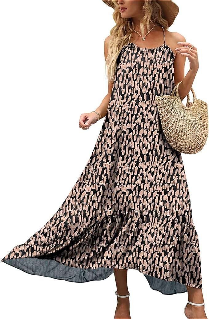 Bohemian Summer Dresses for Women 2022 Sleeveless Ruffle Tiered Maxi Dress Spaghetti Strap Long B... | Amazon (US)
