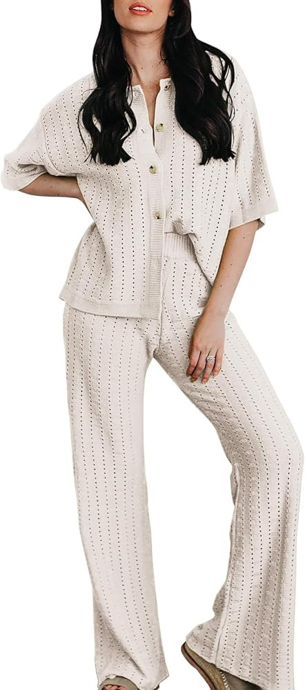 Imily Bela Womens 2 Piece Outfits Hollow Out Knit Half Sleeve Cardigan Wide Leg Pants Lounge Matc... | Amazon (US)