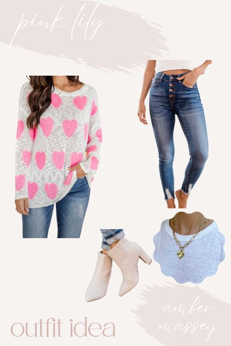 Pink Lily Outfit Idea. Cute heart sweater with distressed hem with a button fly denim. Paired with cute bone colored booties. Use code AMBER20 for 20% off.

Valentine’s Day

#LTKunder50 #LTKstyletip #LTKSeasonal