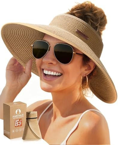 FURTALK Sun Hats for Women Wide Brim Beach Hat Straw Visor Ponytail Summer UV Packable Foldable B... | Amazon (US)