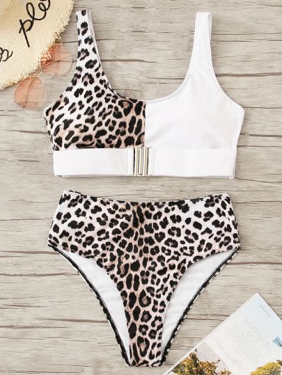 Leopard Buckle Front Top With High Waist Bikini | SHEIN