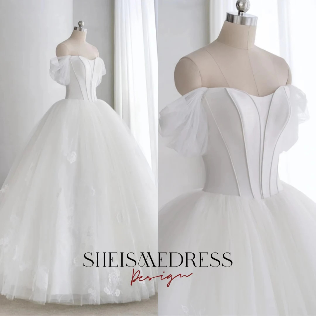 Princess Wedding Dress off the Shoulder Satin Top Tulle Skirt Custom Made White Wedding Gowns Flo... | Etsy (US)