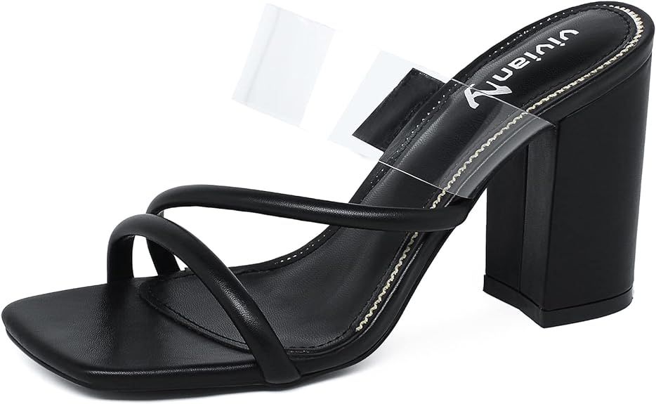 vivianly Women Chunky Heel Slide Sandals Clear Strappy Open Toe Heeled Mules | Amazon (US)