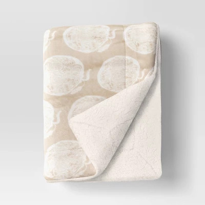 Pumpkin Printed Plush Throw Blanket with Faux Shearling Reverse Ivory - Threshold™ | Target