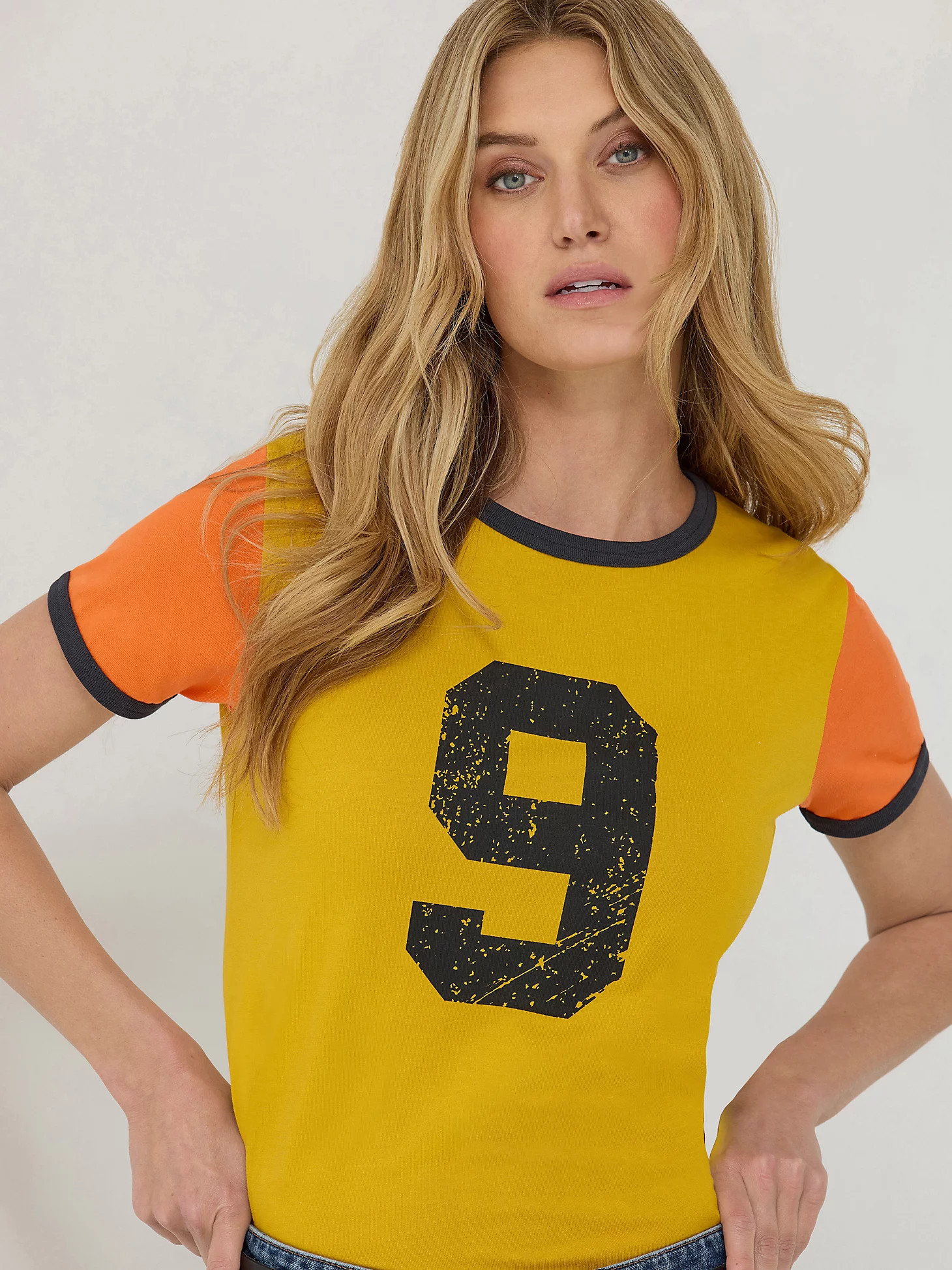 Wrangler x Lainey Wilson Number 9 Slim Ringer Tee in Nugget Gold | Wrangler