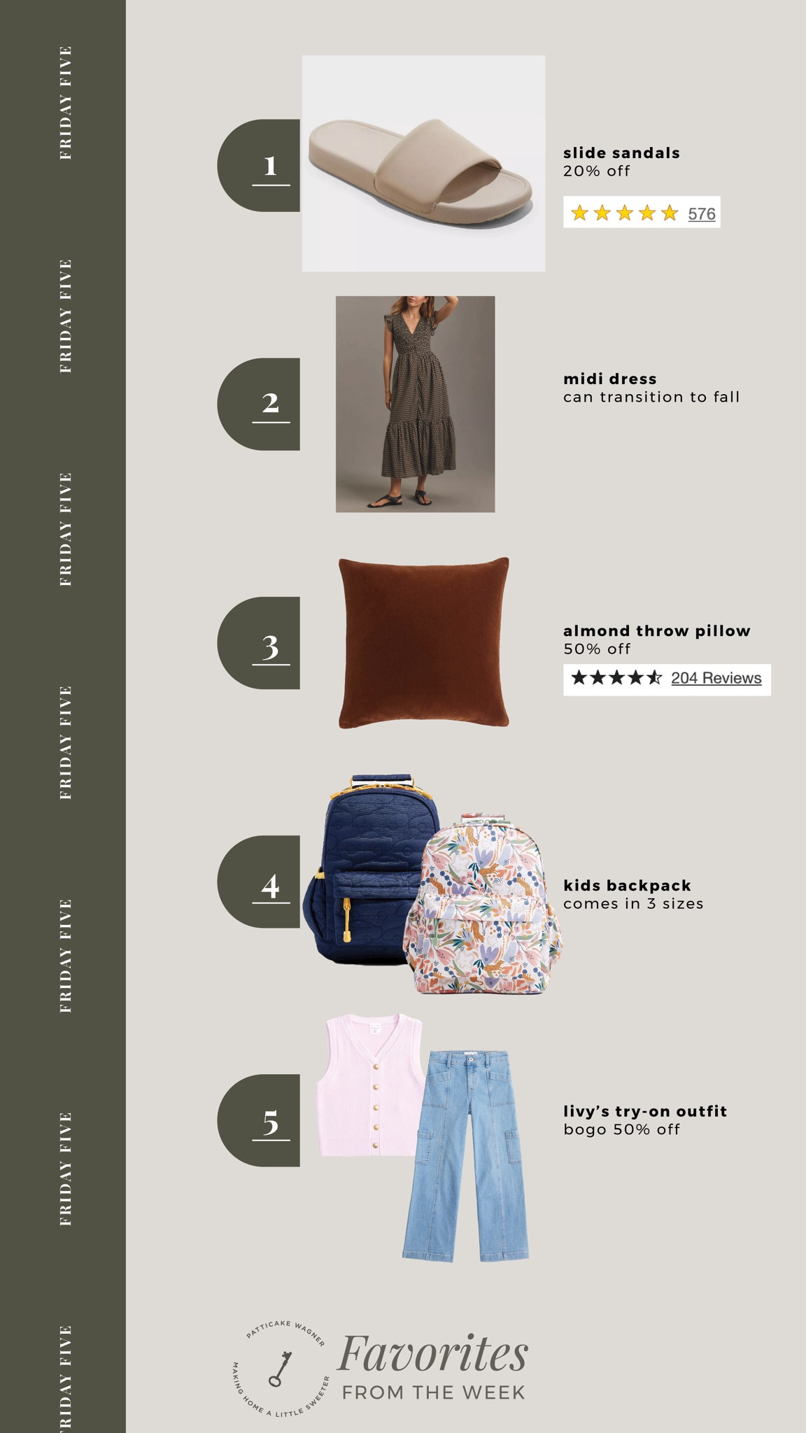 Friday Five: Your favorites from the week. | slide sandals, midi dress, almond fall colored throw pillow covers, kids backpack, kids back to school outfit with vest and wide leg jeans |

#LTKBacktoSchool #LTKStyleTip #LTKHome