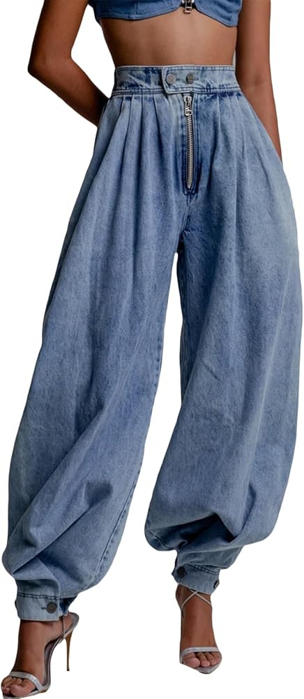 Womens Baggy Harem Jeans Zipper High Waisted Loose Trousers Wide Leg Vintage Balloon Casual Denim... | Amazon (US)