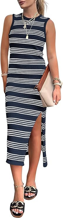 PRETTYGARDEN Summer Dresses for Women 2026 Casual Sleeveless Hollow Out Knit Side Slit Striped Be... | Amazon (US)