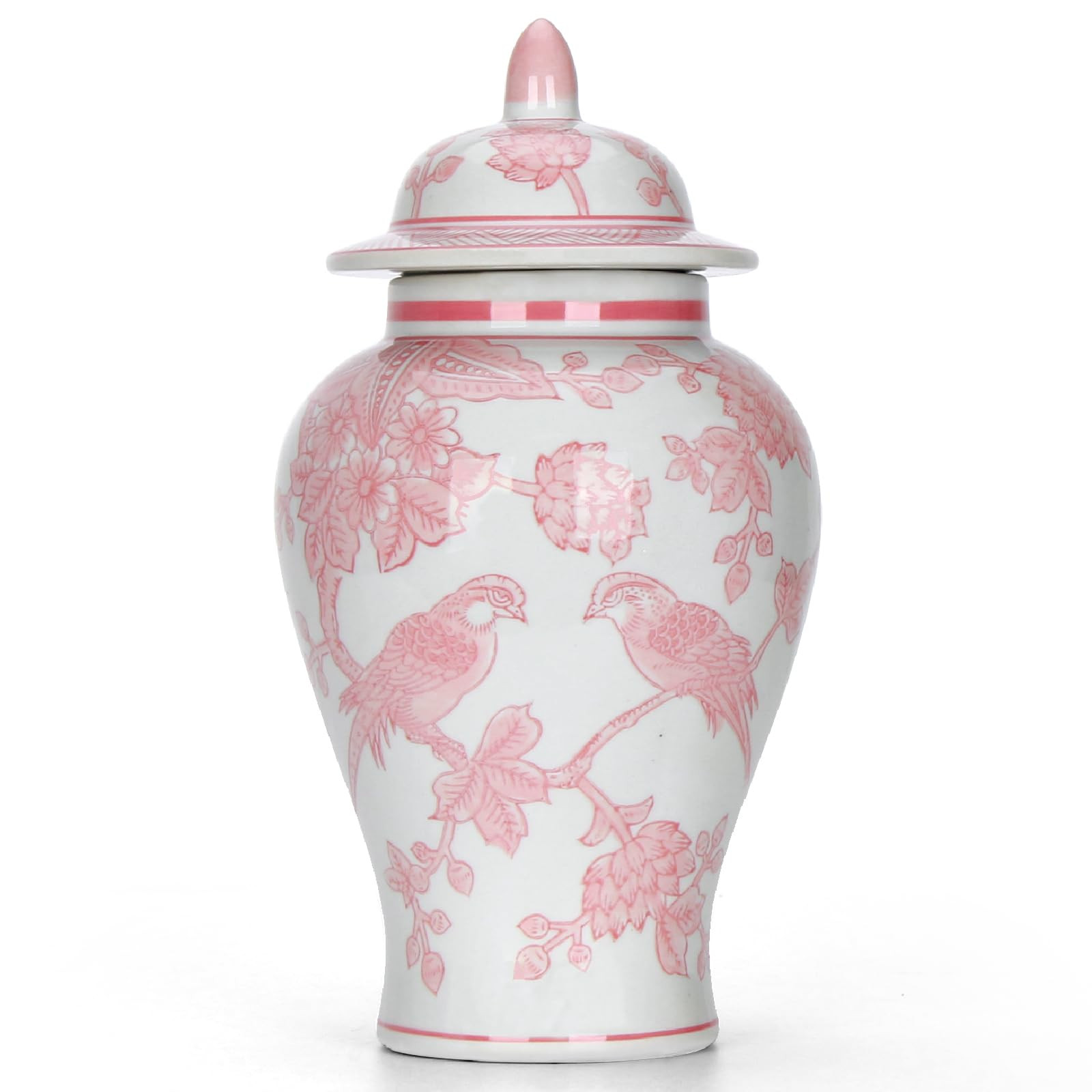 11″ Pink Ginger Jar with Lid Porcelain Stylized Songbirds Floral Temple Jar Chinoiserie Vase Ch... | Amazon (US)