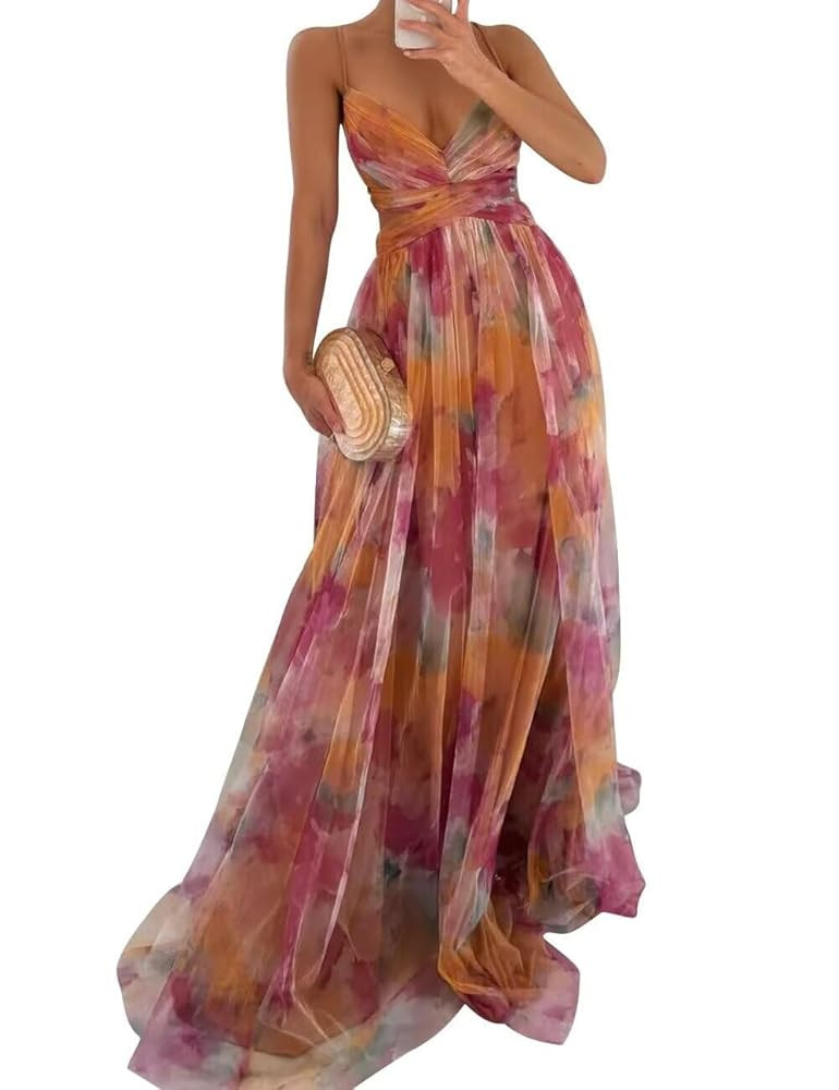 Women's Spaghetti Straps V Neck Mesh Maxi Dress A Line Floral Print Tulle Homecoming Prom Dresses... | Amazon (US)