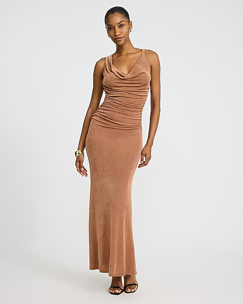 Shine Cowl Neck Sleeveless Ruched Maxi Dress | Express