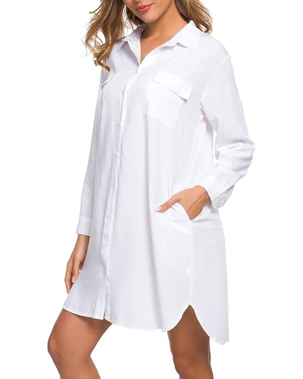 MANAIXUAN Women's Shirt Dress V Neck Long Sleeve Loose Casual with Pockets Front Button | Amazon (US)