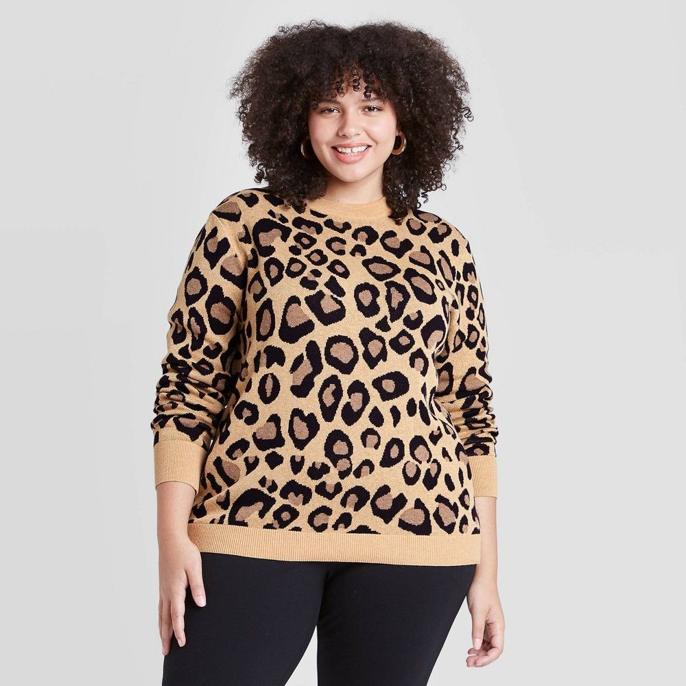 Women's Plus Size Leopard Print Crewneck Pullover Sweater - Ava & Viv Pink 1X | Target