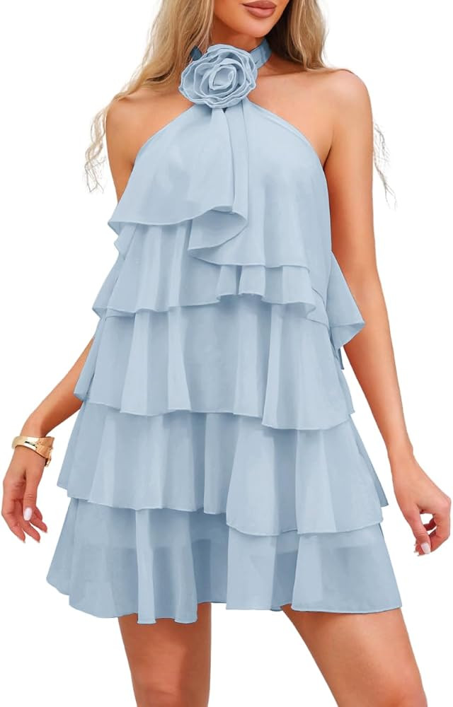 Kaei&Shi Womens Halter Mini Dress, Tiered Ruffle Chiffon Babydoll | Amazon (US)
