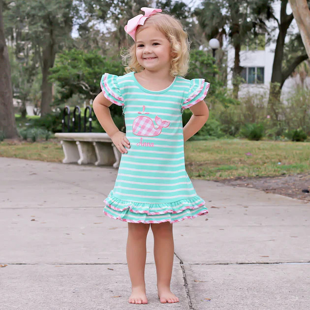 Green Stripe Whale Ruffle Dress | Classic Whimsy