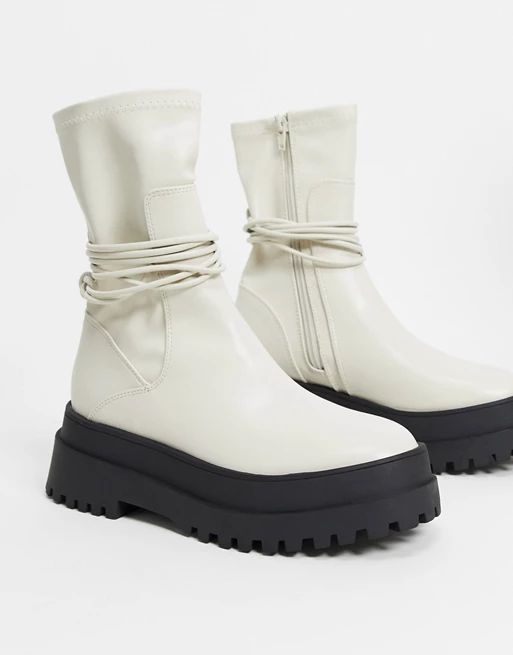 Public Desire Finale chunky flat ankle boots with tie in bone | ASOS (Global)