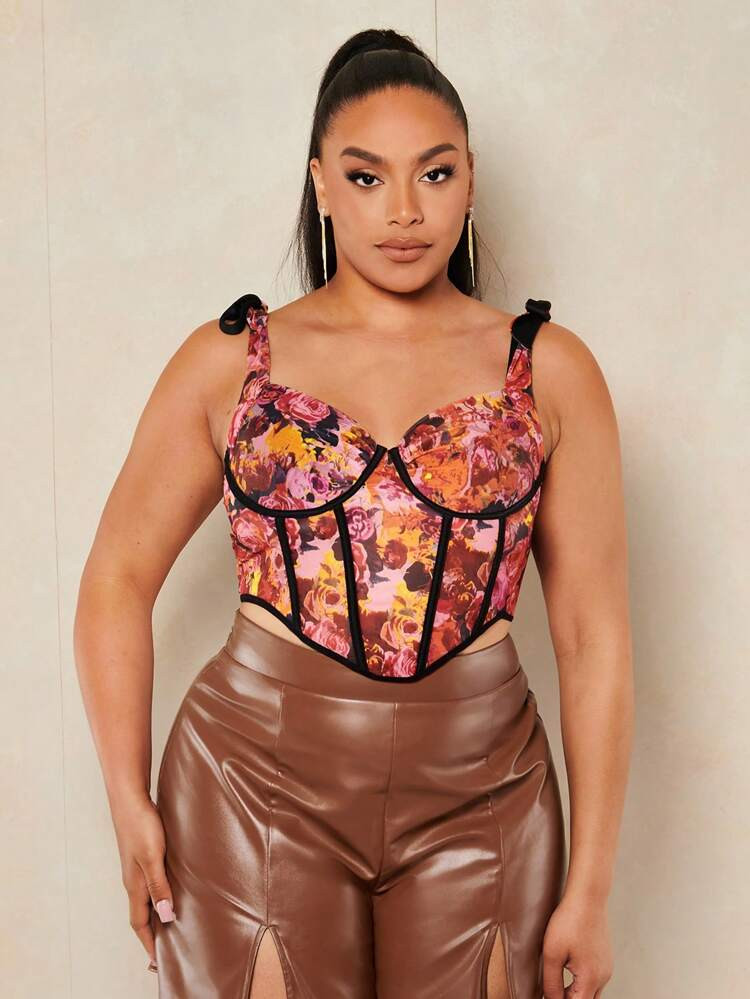 New
     
      SHEIN BAE Plus Floral Print Tie Shoulder Bustier Wide Straps Top | SHEIN