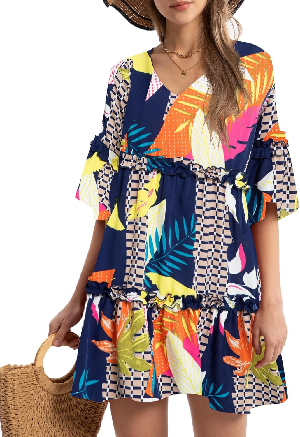 Funlingo Women's Summer Dresses Flowy Tunic Mini Dress Short Sleeve V Neck Swing Dress Casual Kne... | Amazon (US)