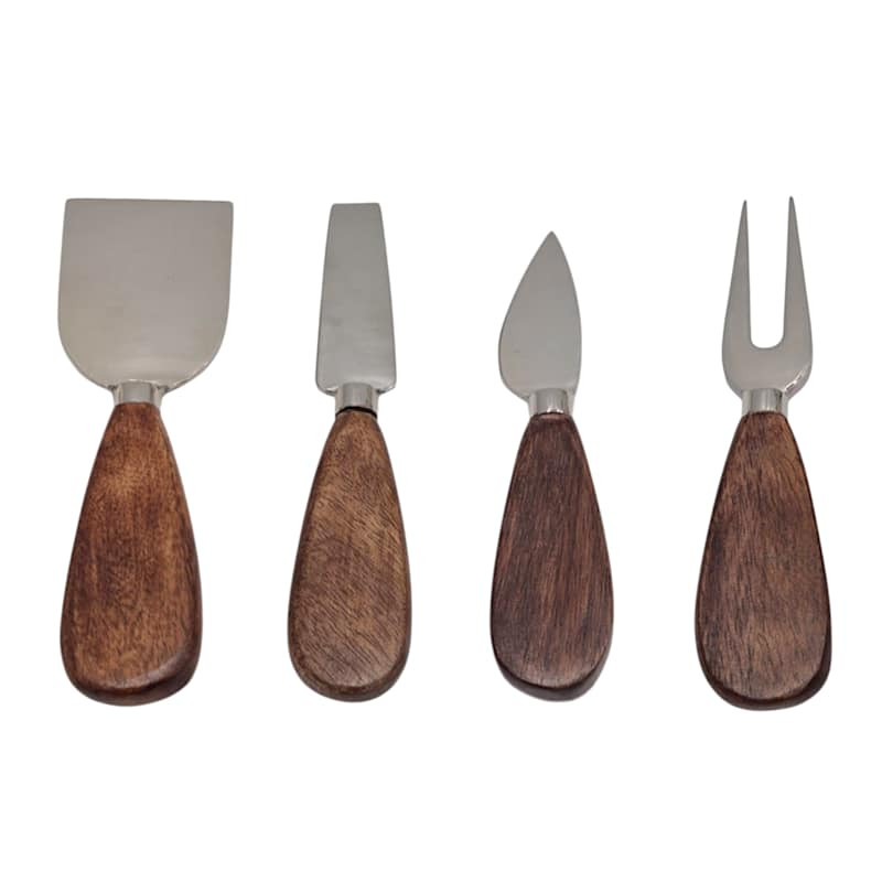 Set of 4 Silver Metal with Wood Handle Cheese Knives | At Home