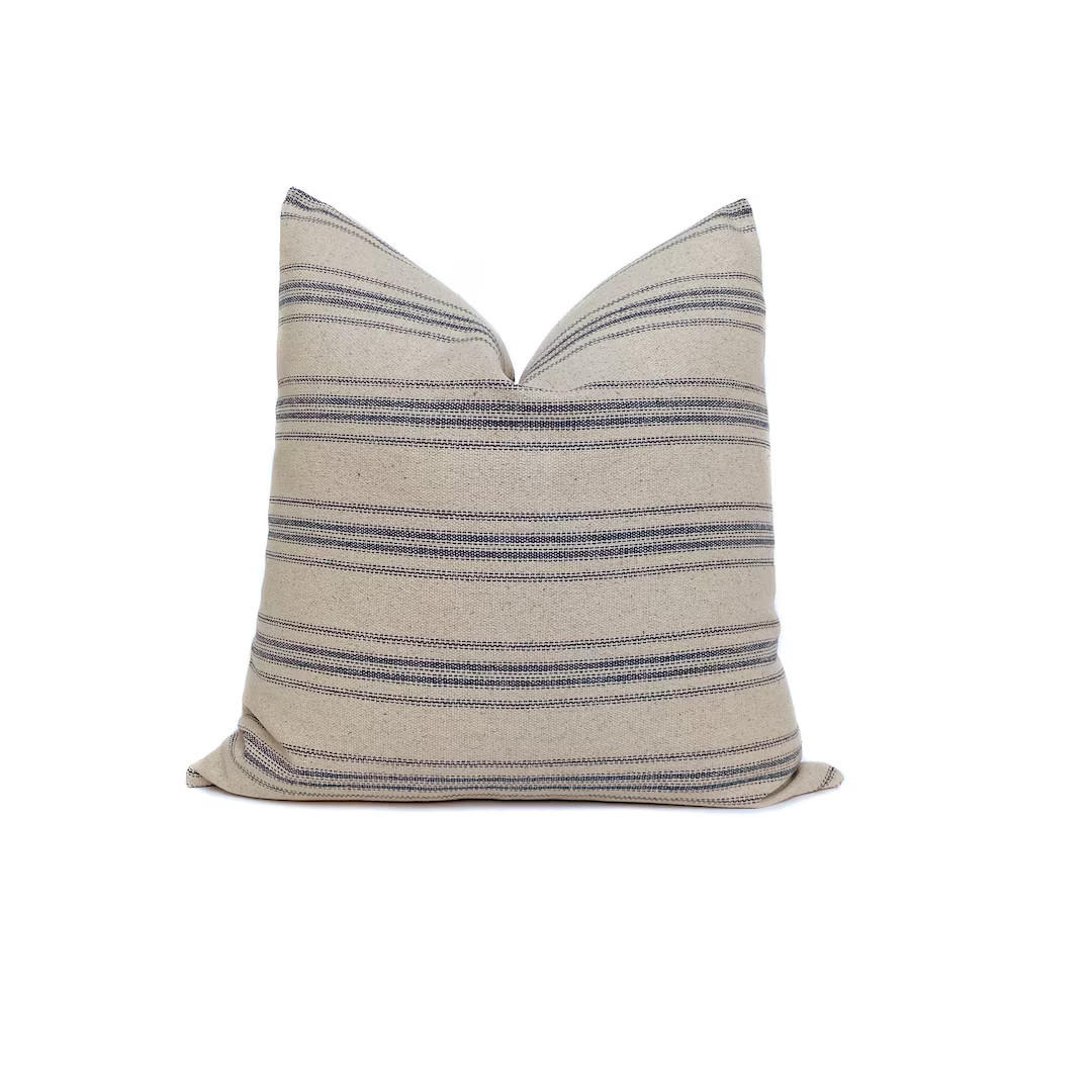 Grain Sack Stripe Pillow Cover: Farmhouse Beige and Blue | Etsy (US)