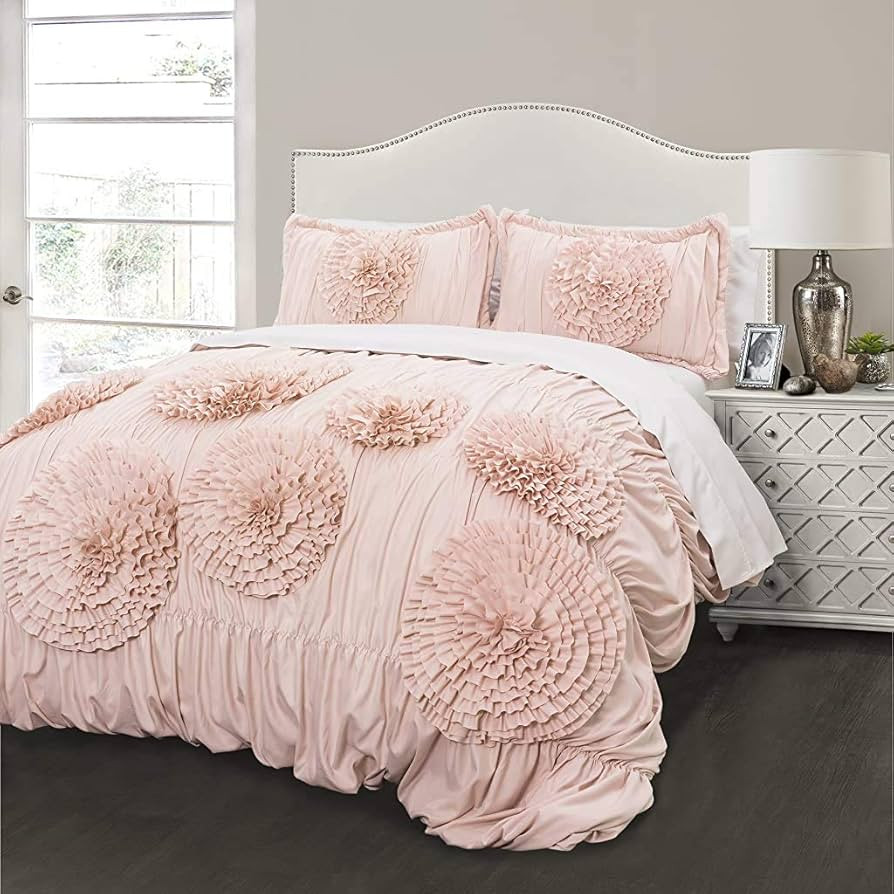 Lush Decor Serena Rouched Flower Vintage Chic Farmhouse 3 Piece Comforter Set, King, Blush | Amazon (US)