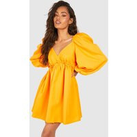 Womens Puff Sleeve Plunge Smock Dress - Orange - 14 | boohoo (US & Canada)