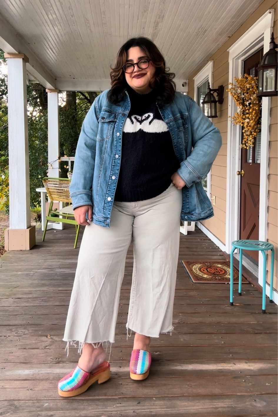Outfit of the day! Sweater, denim jacket, wide leg jeans, mules from charlotte stone shoes (not linkable here)

#LTKMidsize #LTKSaleAlert #LTKStyleTip