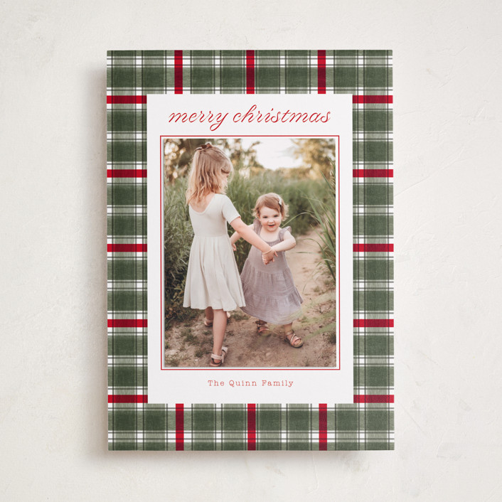 "Traditional Plaid" - Customizable Holiday Photo Mount Cards in Green by Baumbirdy. | Minted
