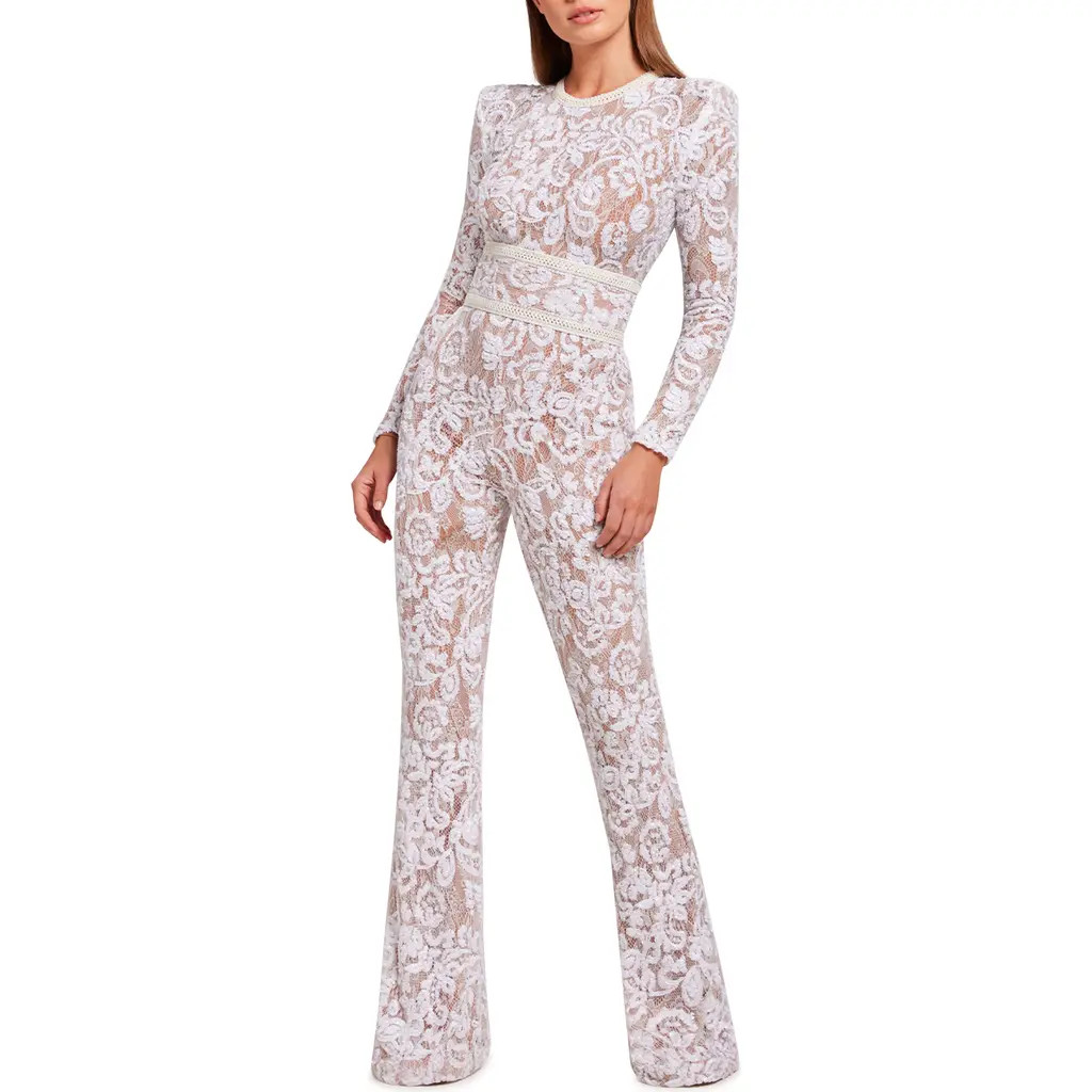 NADINE MERABI Bella Long Sleeve Lace Jumpsuit in White at Nordstrom, Size 12 | Nordstrom
