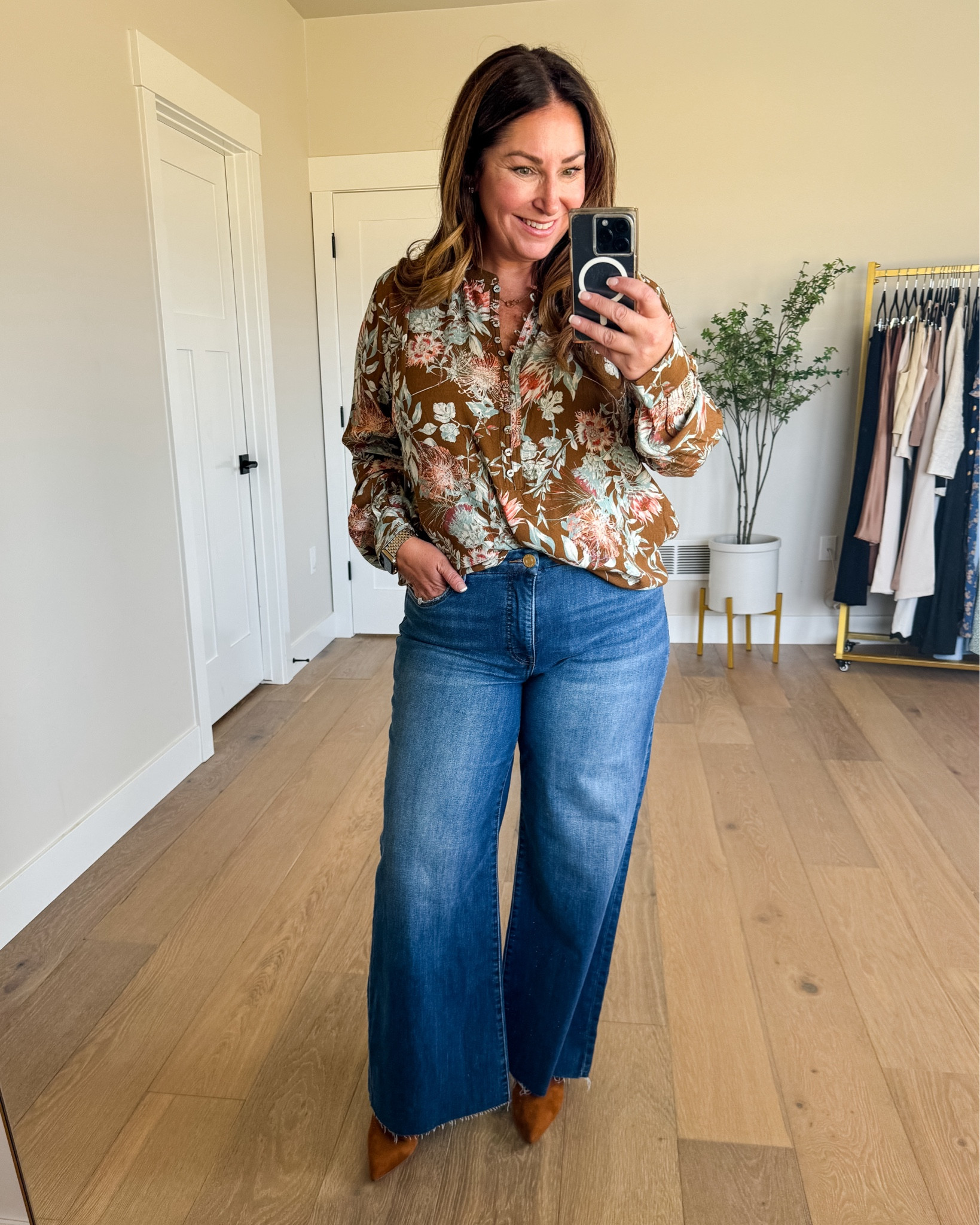  NSALE outfit with wide leg jeans wearing large in blouse // 12 in jeans sized up 1/2 in bootie 

#LTKMidsize #LTKxNSale #LTKSaleAlert