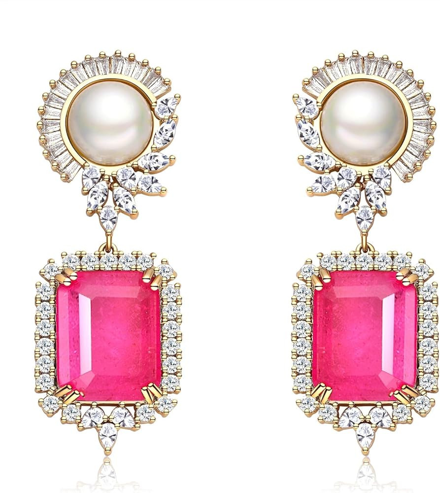 S925 Sterling Silver posts Emerald Green Pink Crystal Dangle Drop Earrings for Women Vintage Pear... | Amazon (US)