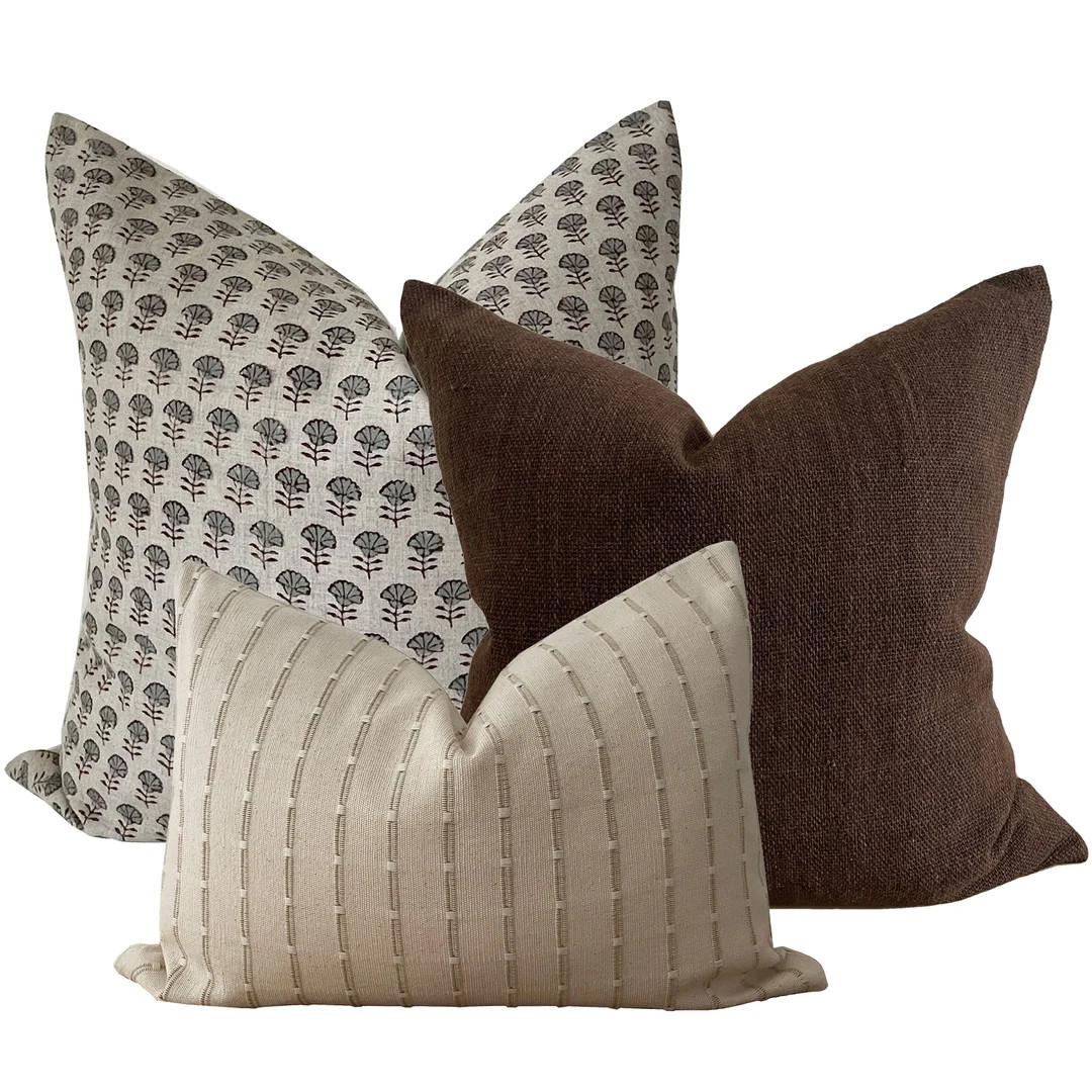 Neutral Brown and Cream Double Sided Pillow Combination || Set of 3 Covers,  Floral Block Print, ... | Etsy (US)