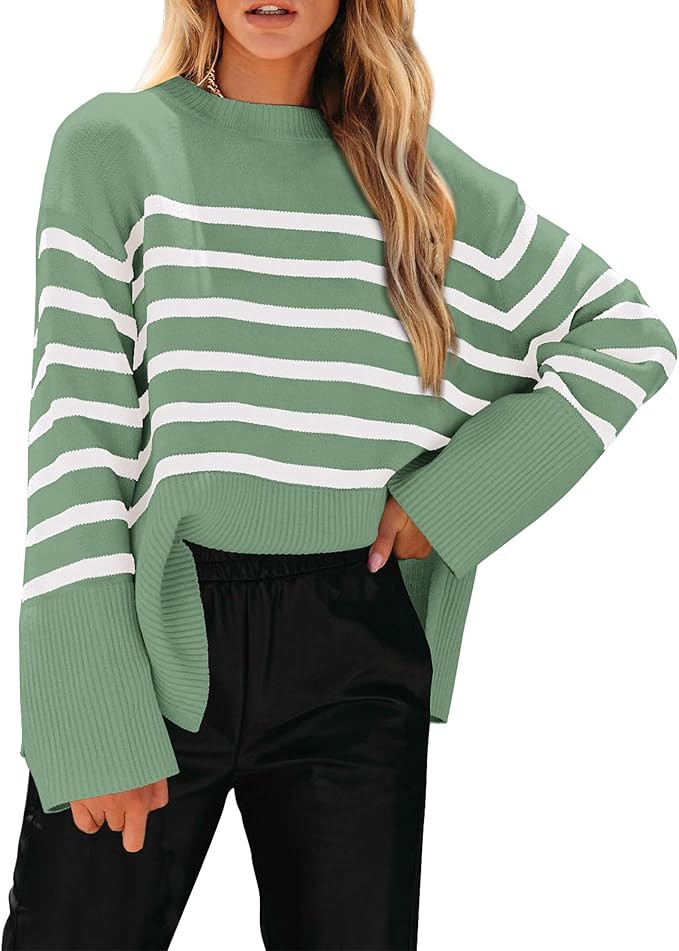 KIRUNDO Women's Striped Knit Oversized Fall Sweaters 2025 Trendy Clothes Crewneck Winter Pullover... | Amazon (US)