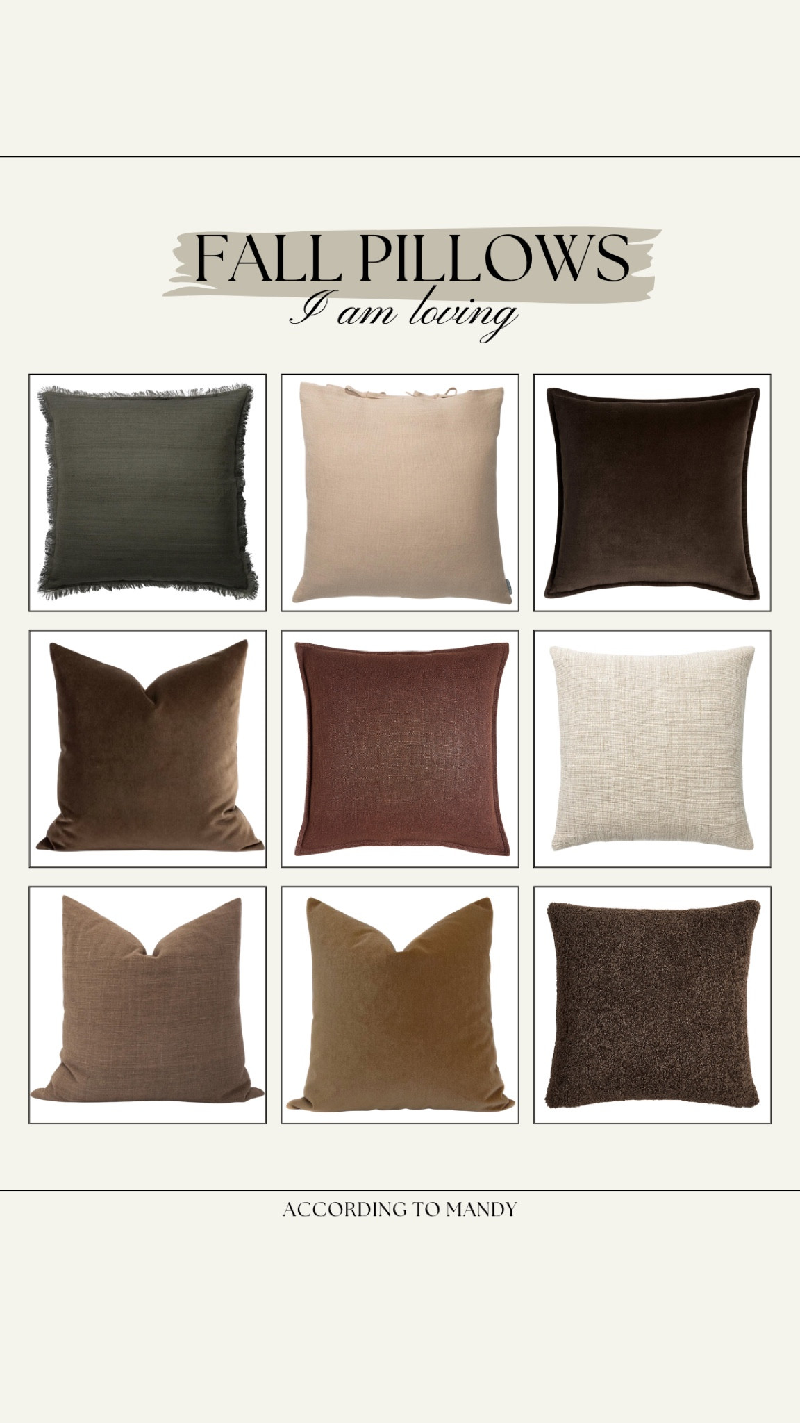 Fall Pillows I am loving!

fall pillows, seasonal home decor, solid colors for fall, fall colors, warm fall colors, warm toned pillows, etsy pillows, mcgee & co pillows

#LTKStyleTip #LTKHome #LTKSeasonal